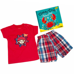 Two piece boy red monkey sailor top with red, white, and blue plaid shorts