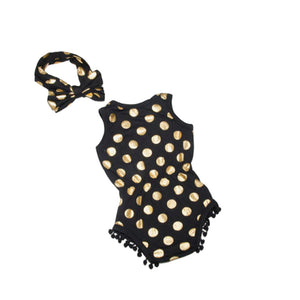 White and Black romper with gold foiled dots and matching headband