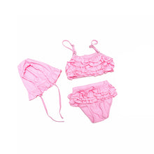 Pretty in Pink three piece ruffled two piece swim suit with matching bonnet