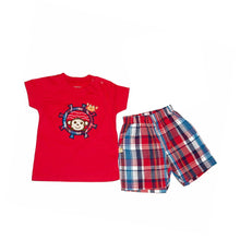 Two piece boy red monkey sailor top with red, white, and blue plaid shorts