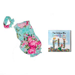 Pink Romper with blue flowers and matching headband