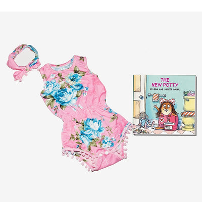 Pink Romper with blue flowers and matching headband