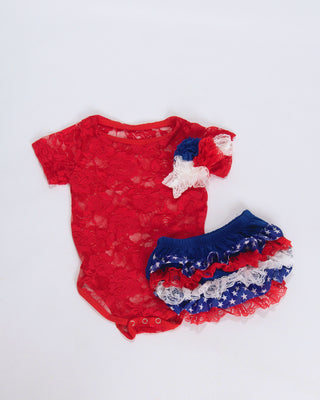 Red lace onside and Red, white, and blue ruffle bloomers