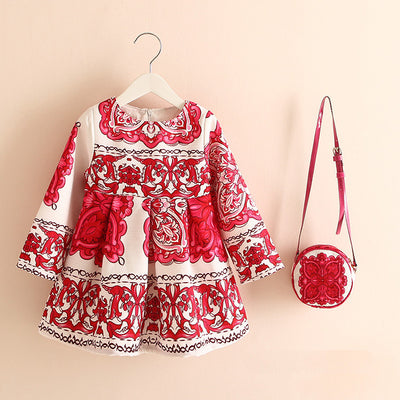 Red and White Print Dress and Purse
